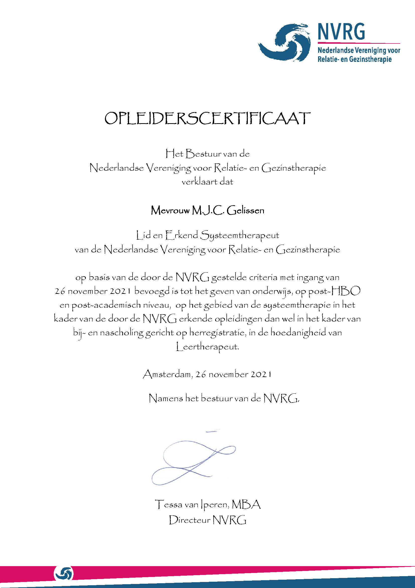 certifiaat leertherapeut NVRG - Marielle Gelissen